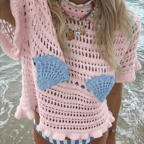 Sweaters - Pink Casual Women's Lovely Shell Hollow Out Cover